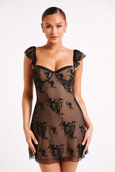 Verona Embroidered Mesh Mini Dress - Black